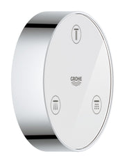 Grohe chrome wireless remote control with three function buttons for shower operation.