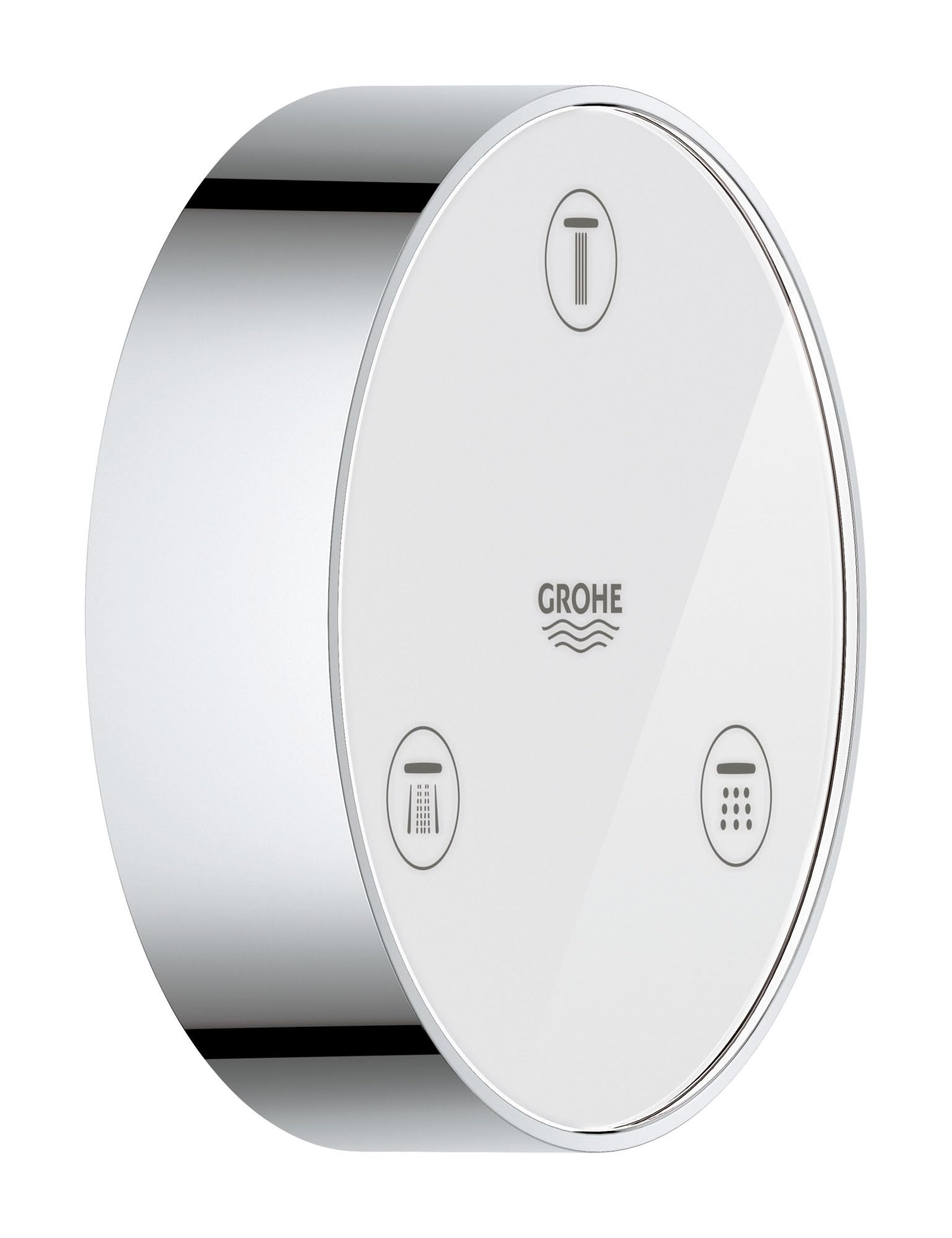 Grohe chrome wireless remote control with three function buttons for shower operation.