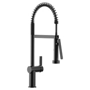 Matte black pre-rinse kitchen faucet with coiled hose and pull-down spray head.