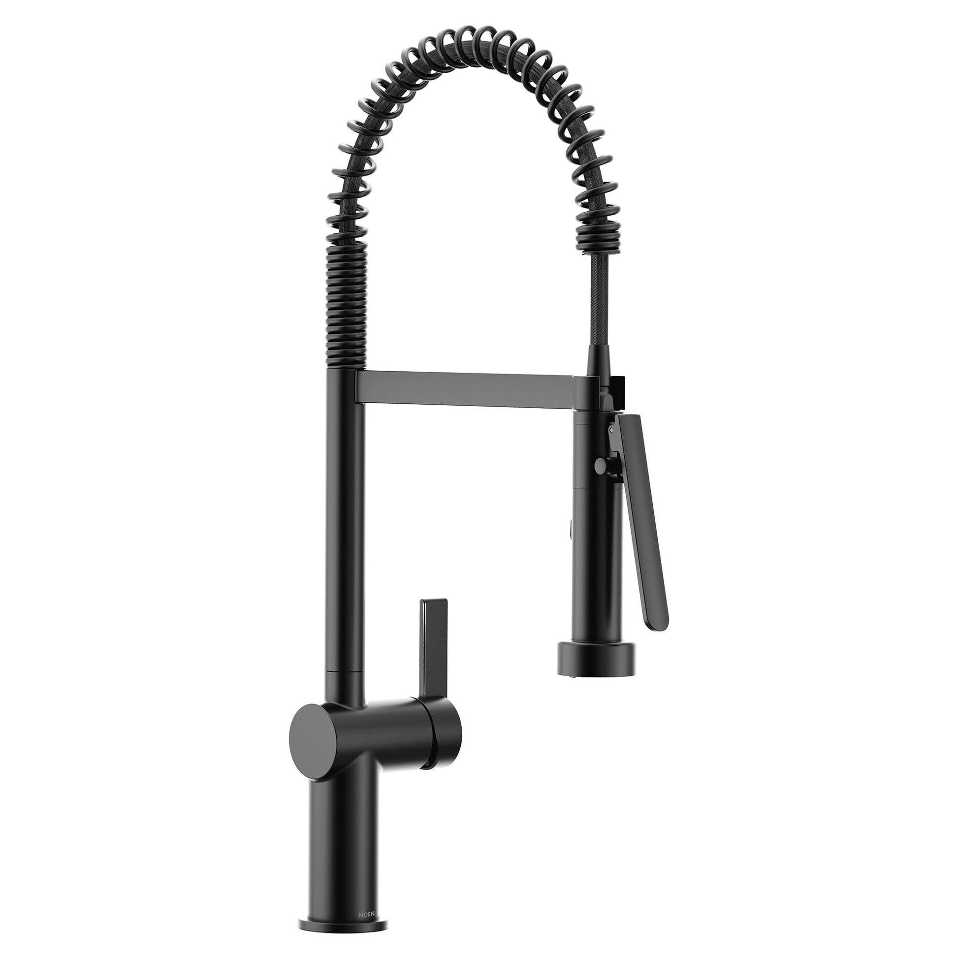 Matte black pre-rinse kitchen faucet with coiled hose and pull-down spray head.