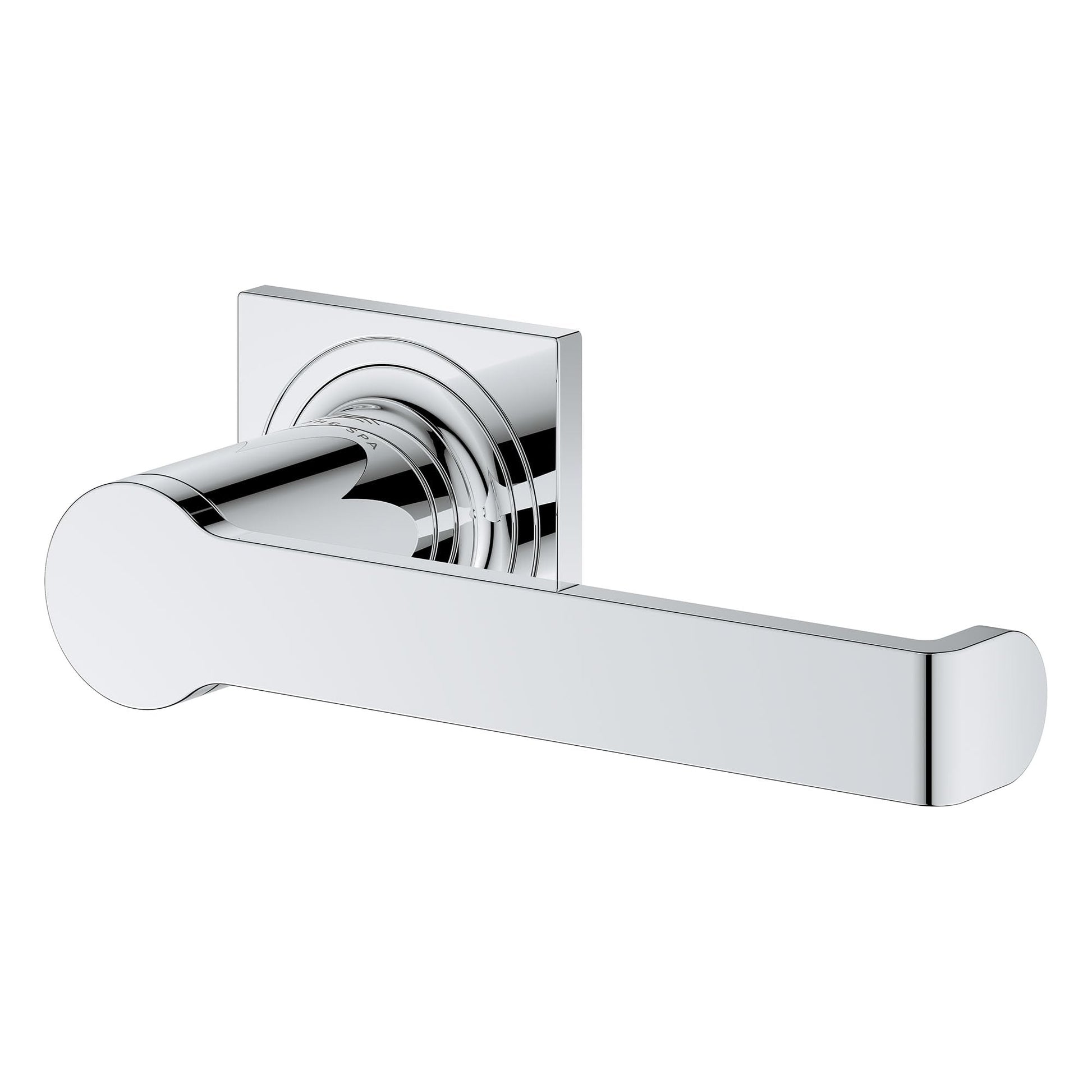 Brushed chrome toilet paper holder with cylindrical roller and square mounting plate.