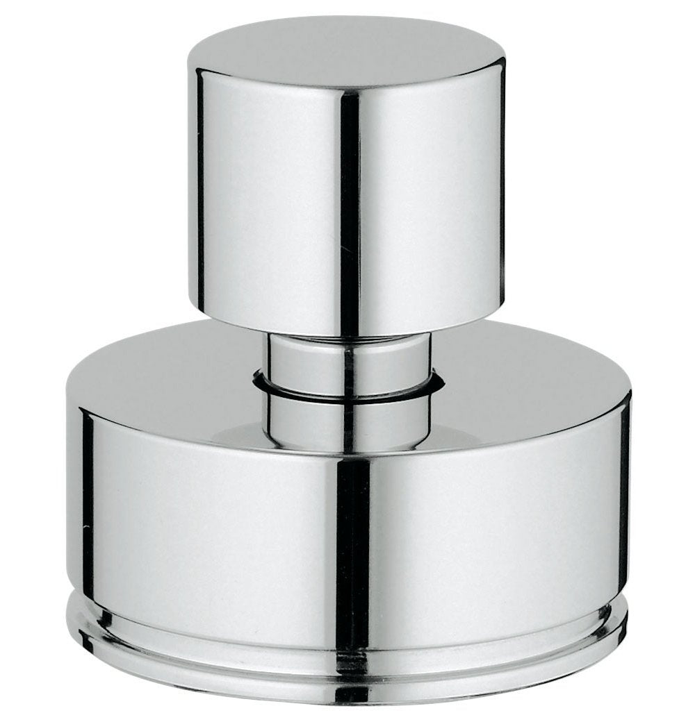 Chrome diverter valve with cylindrical upper and wider lower sections, featuring a center stem connector.