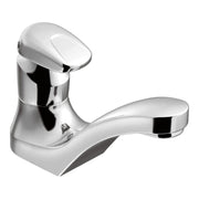 Chrome single-handle bathroom faucet with curved spout and rounded lever handle.
