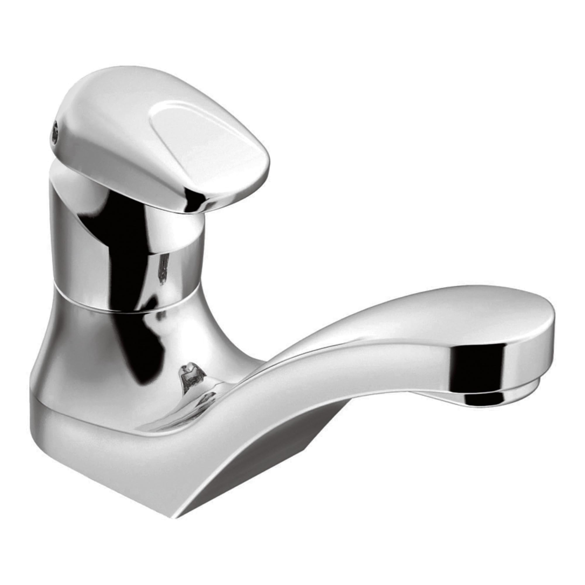 Chrome single-handle bathroom faucet with curved spout and rounded lever handle.