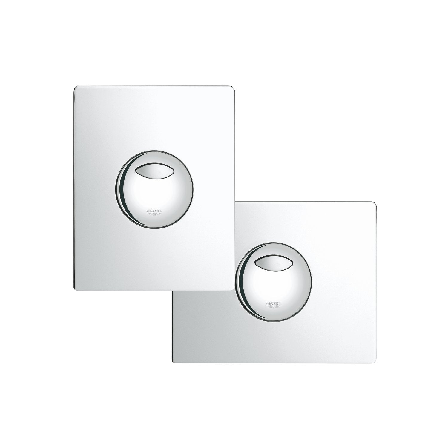Two chrome wall plates with circular flush buttons and slot openings.
