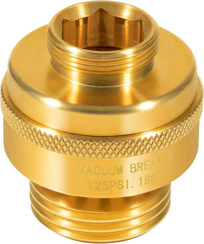 Brass vacuum breaker with threaded male connection, knurled grip band, and internal spring mechanism visible from top opening