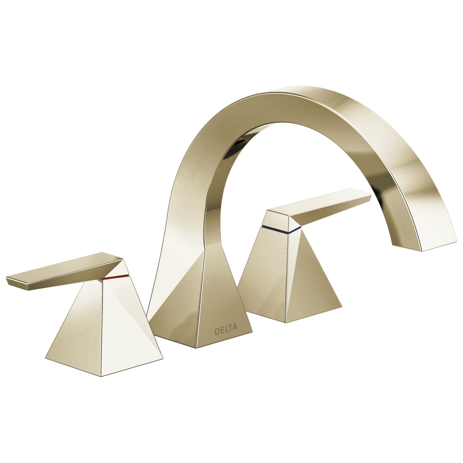 Champagne gold two-handle arc roman tub trim with geometric base and curved spout.