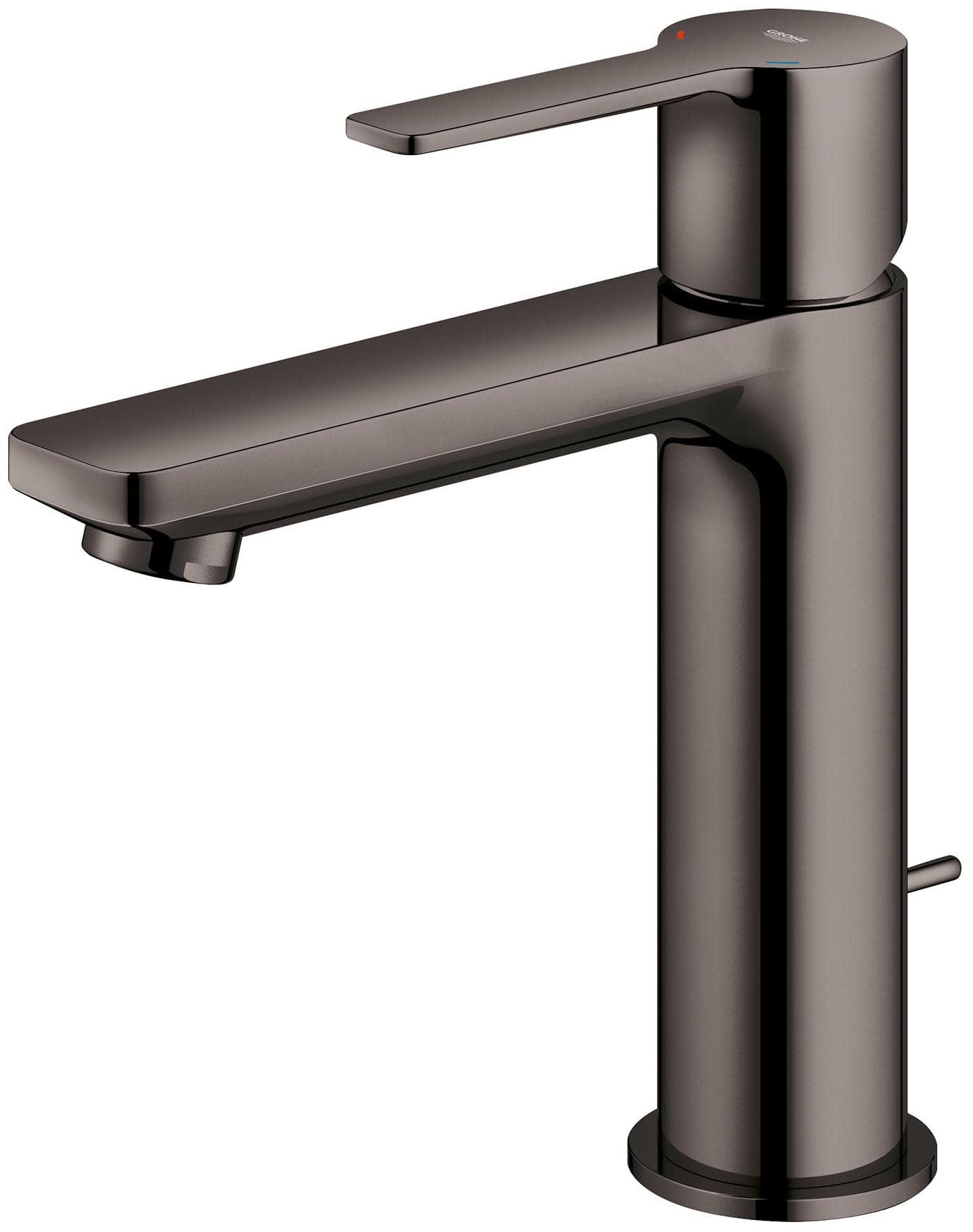 Matte black single-handle bathroom faucet with cylindrical body, extended spout, and control lever on side.