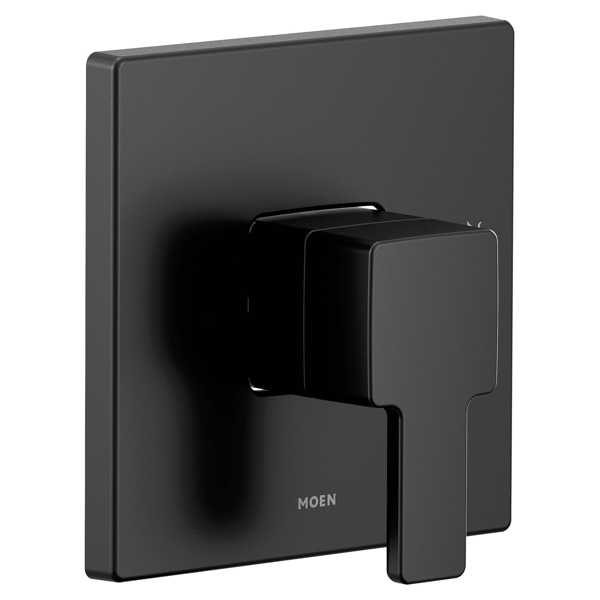 Moen Degree M CORE matte black single-handle shower trim kit with square backplate and lever handle.