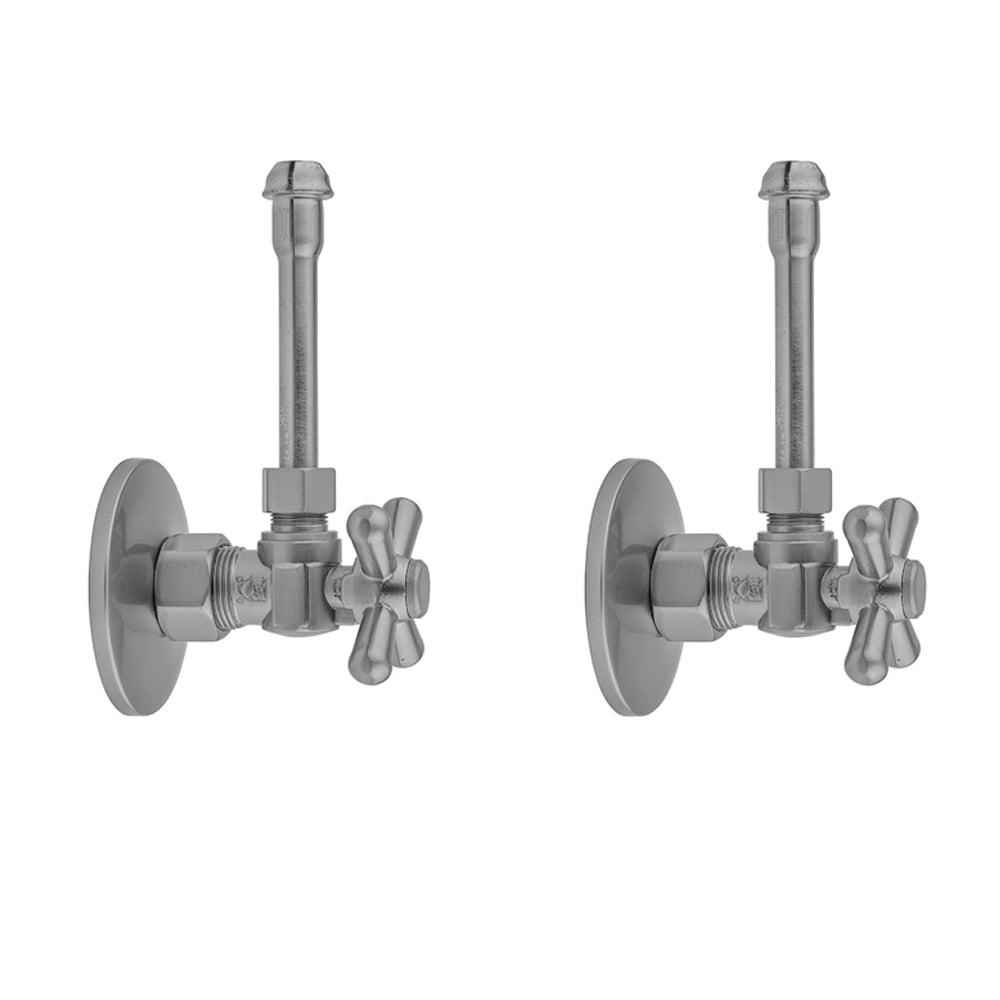 Two matte black angle stop valves with cross handles, round escutcheons, and vertical supply tubes.