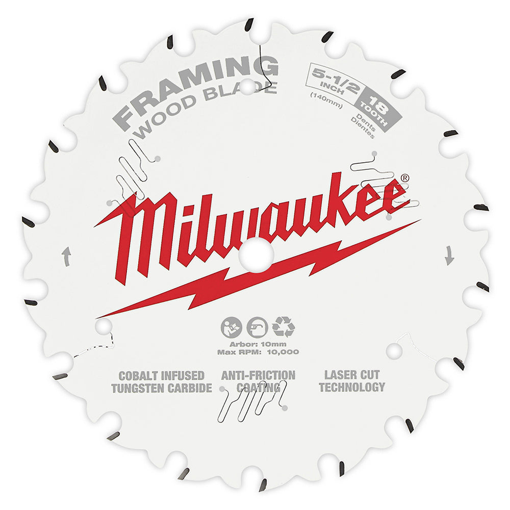 Milwaukee 5-1/2 inch framing circular saw blade with 18 teeth, white with red branding and black tooth tips.