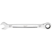 Silver 27mm ratcheting combination wrench with open end on left and ratchet head on right.