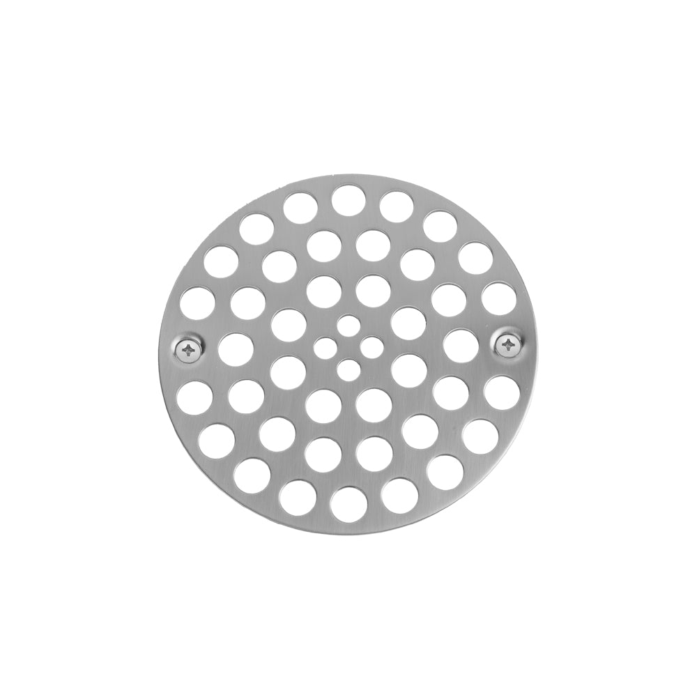 Circular satin nickel shower drain plate with multiple drainage holes and two mounting screws.