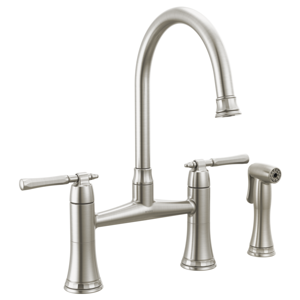 Brushed nickel bridge kitchen faucet with arched spout, dual lever handles, and detachable side spray.