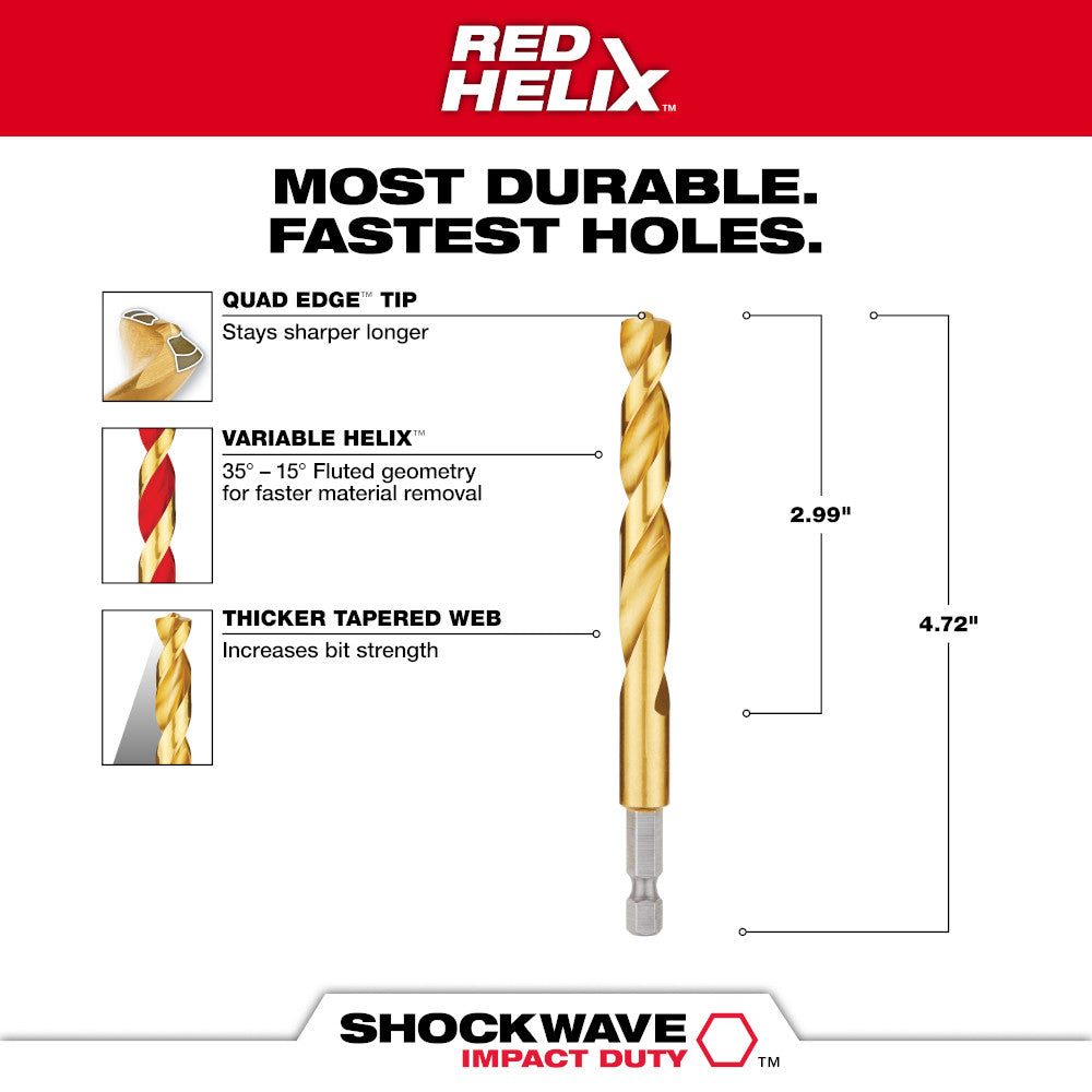 Titanium-coated spiral drill bit with hex shank, 4.72 inches long, featuring gold finish and variable helix flute geometry.