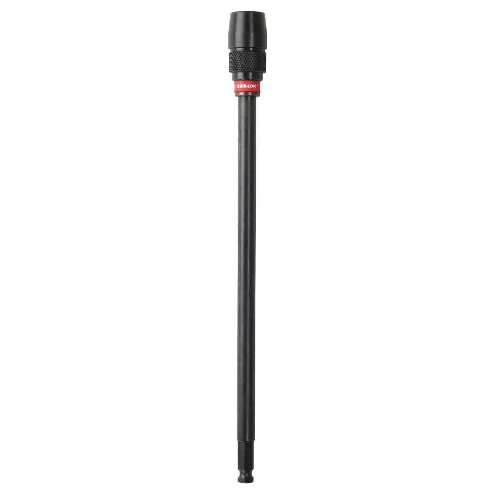 Black Milwaukee Quik-Lok holesaw extension with knurled grip collar and red band, 12 inches long with 7/16 inch shank.