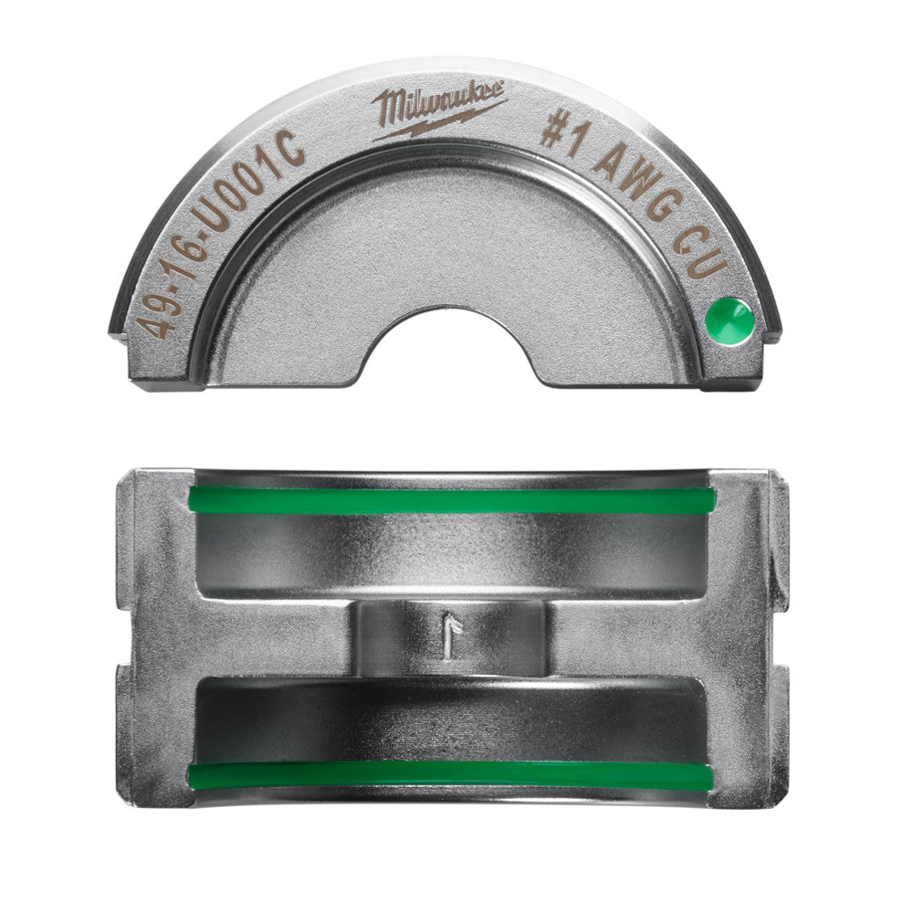 Milwaukee #1 copper U-style die with green indicator dot shown from top and side views.