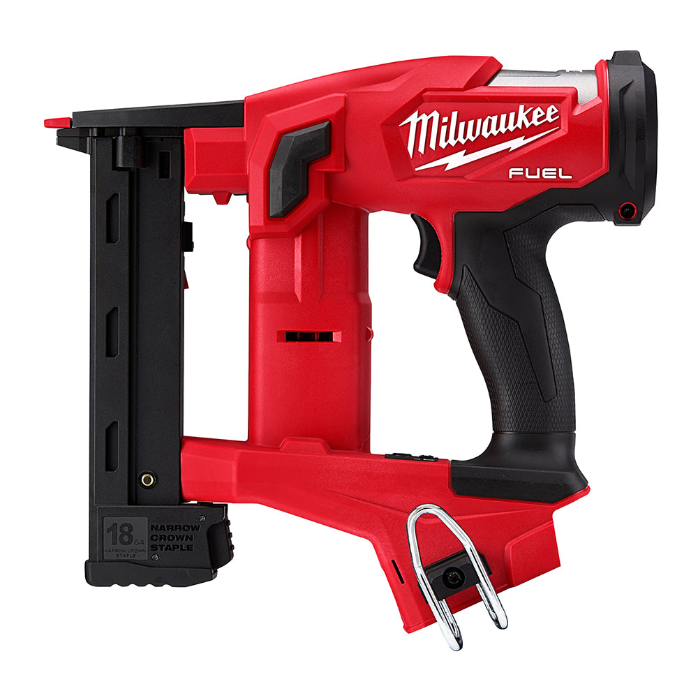 Red and black Milwaukee M18 FUEL cordless stapler with narrow crown staple magazine and trigger grip.