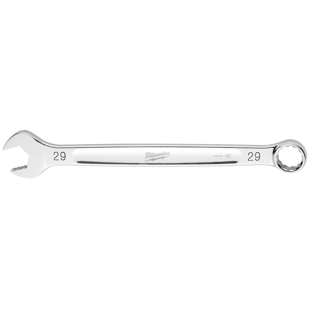 Silver 29mm combination wrench with open end on left and closed ring end on right, marked with size numbers on both ends.