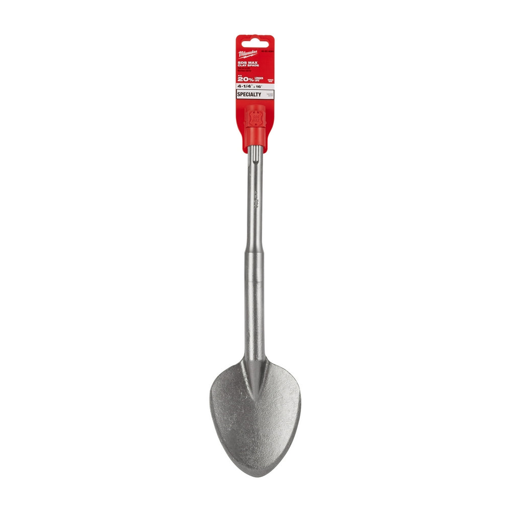 Milwaukee SDS-Max clay spade with red polymer head, gray steel shaft, and rounded spade blade.