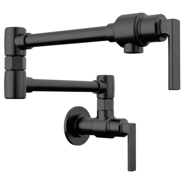 Matte black wall-mounted pot filler faucet with dual articulating arms and lever handle.