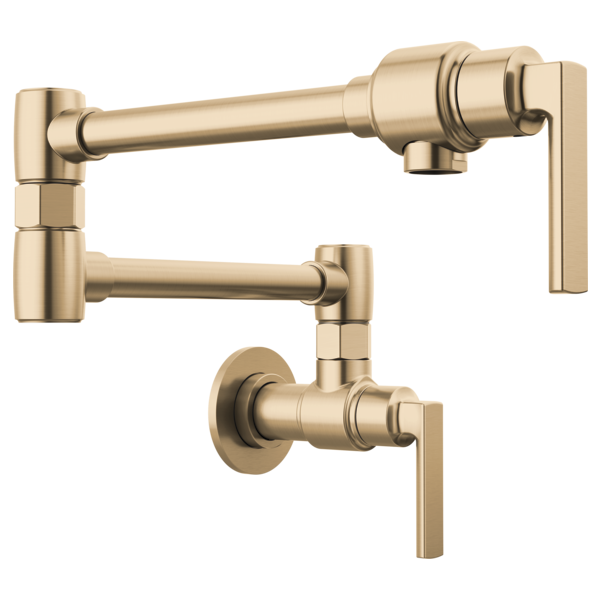 Gold wall-mounted pot filler faucet with articulating arm and lever handle in luxe gold finish.