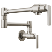 Stainless steel wall-mount pot filler with dual articulating arms and lever handles in brushed finish.