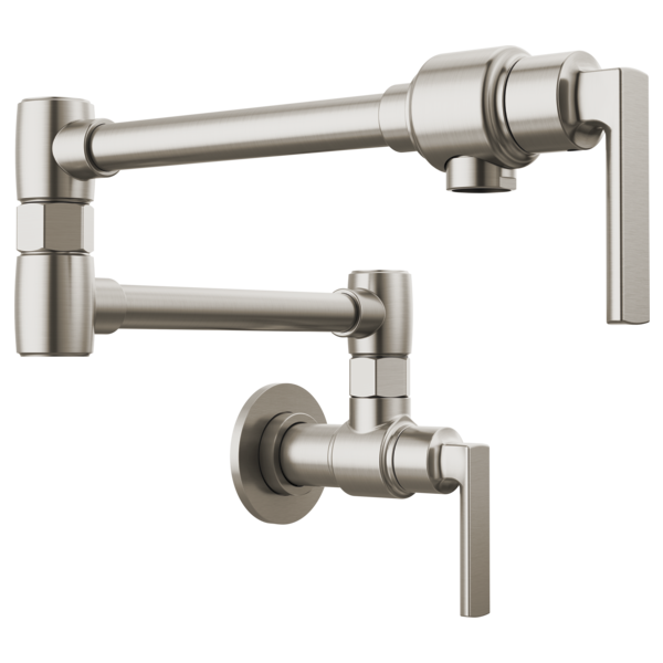 Stainless steel wall-mount pot filler with dual articulating arms and lever handles in brushed finish.