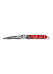 Milwaukee The Ax 9-inch SAWZALL blade with carbide teeth and red labeling on gray metal body.