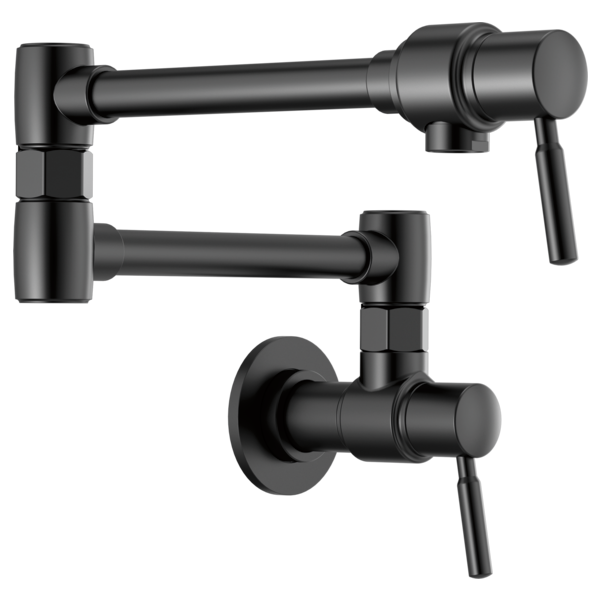 Matte black wall-mounted pot filler faucet with articulating arm and lever handle.