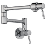 Chrome wall-mounted pot filler with articulating arm and lever handle in extended and folded positions.
