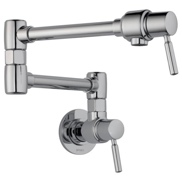 Chrome wall-mounted pot filler with articulating arm and lever handle in extended and folded positions.