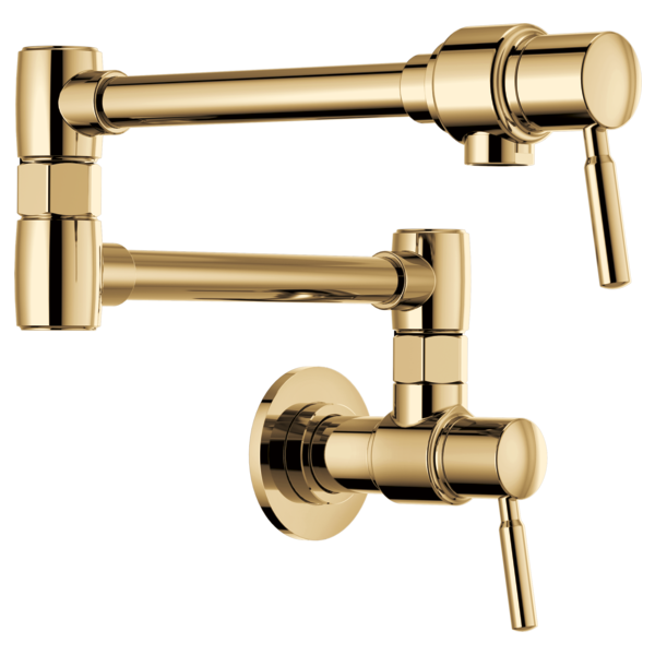 Brass wall-mounted pot filler faucet with dual articulating arms and lever handles.