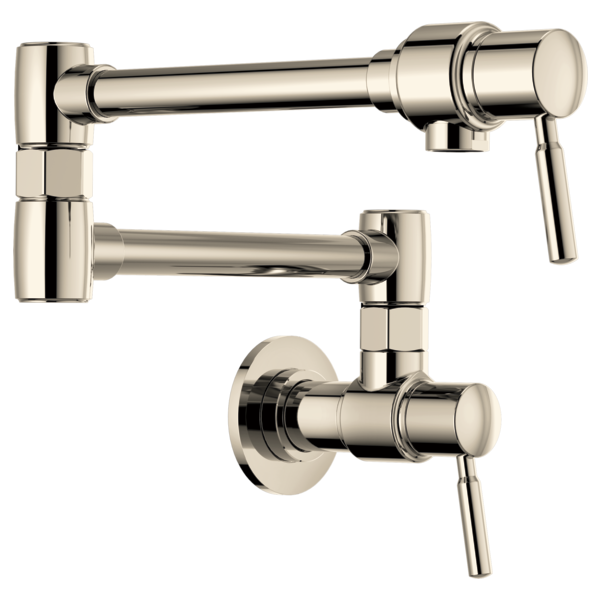 Polished nickel wall-mounted pot filler with articulating arm and lever handles in linear design.