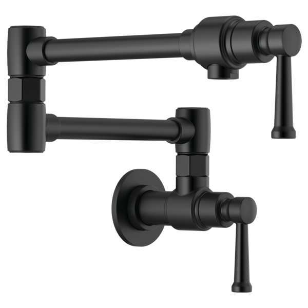 Black wall-mounted pot filler faucet with articulating arms and lever handles in matte finish.