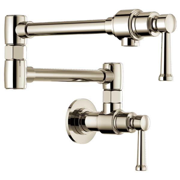 Polished nickel wall-mounted pot filler faucet with articulating arm and single lever handle.