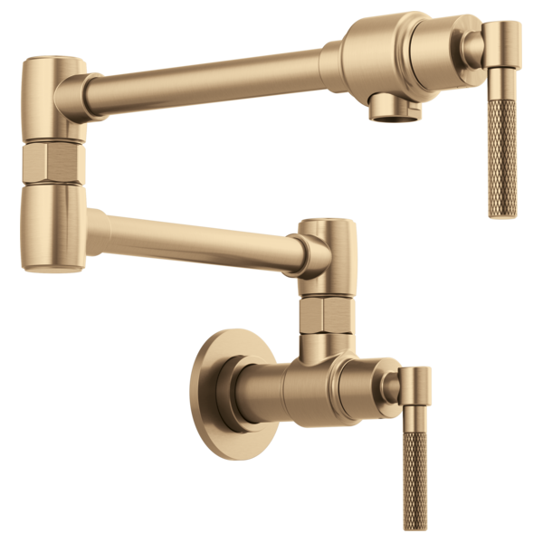 Champagne bronze wall-mounted pot filler faucet with two articulating arms and knurled handles.