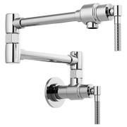 Chrome wall-mount pot filler faucet with articulating arms and knurled handles shown in multiple installation angles.