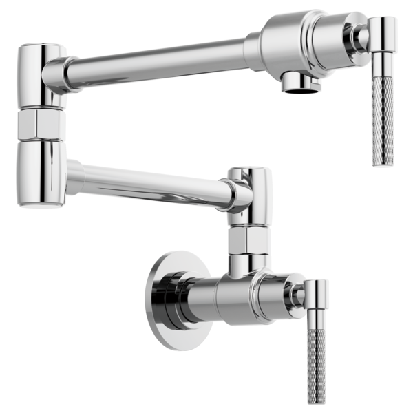 Chrome wall-mount pot filler faucet with articulating arms and knurled handles shown in multiple installation angles.