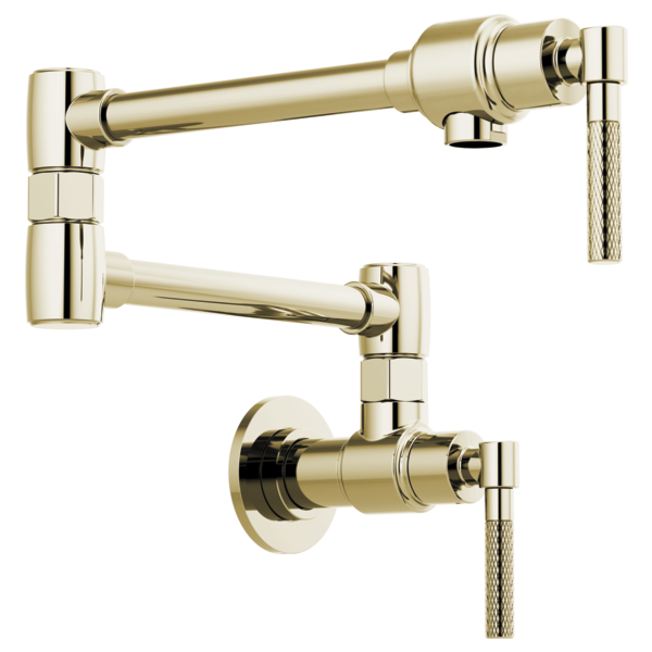 Polished brass wall-mounted pot filler with articulating arms and knurled handles shown in multiple installation angles.