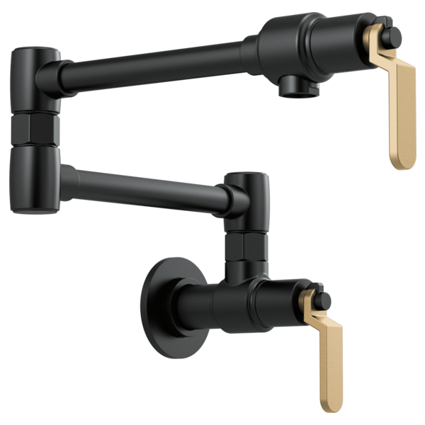 Black wall-mount pot filler faucet with articulating arm and tan lever handles shown in two mounting positions.