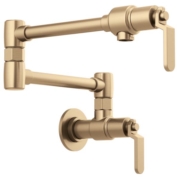 Champagne bronze wall-mounted pot filler with articulating arm and industrial lever handles.
