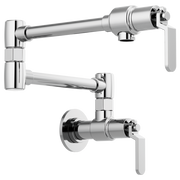 Chrome wall-mounted pot filler faucet with articulating arm and industrial-style lever handles.