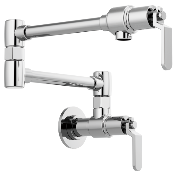 Chrome wall-mounted pot filler faucet with articulating arm and industrial-style lever handles.