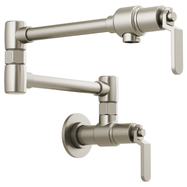 Brushed nickel wall-mounted pot filler with articulating arm and industrial-style lever handles.