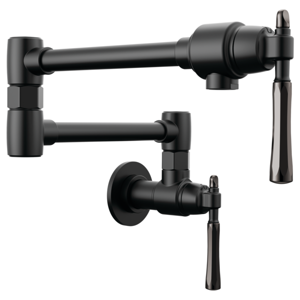 Black wall-mounted pot filler faucet with dual articulating arms and lever handles.