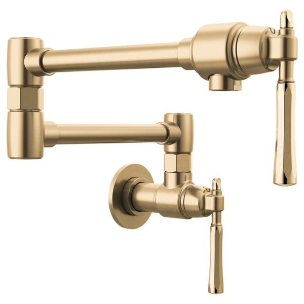 Champagne bronze wall-mounted pot filler faucet with articulating arm and lever handles.