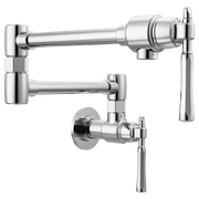 Polished chrome wall-mounted pot filler faucet with dual articulating arms and lever handles.
