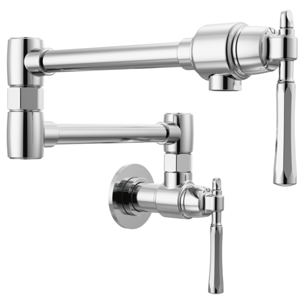 Polished chrome wall-mounted pot filler faucet with dual articulating arms and lever handles.