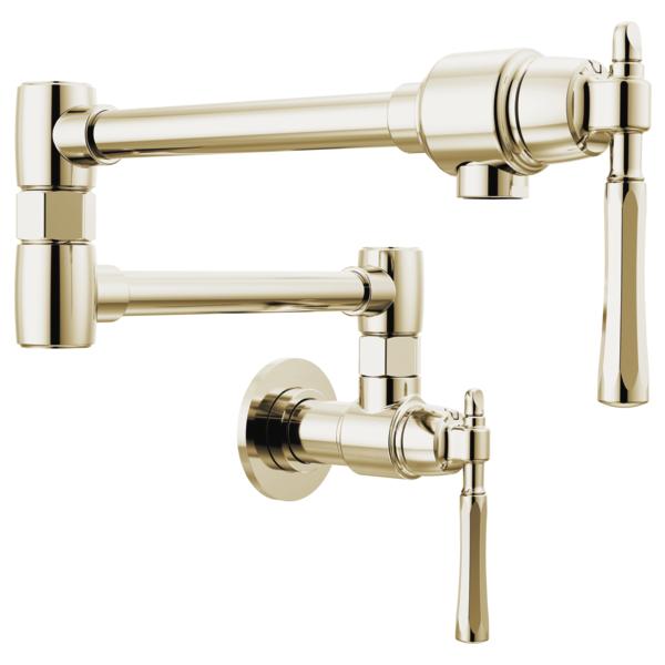 Polished brass wall-mounted pot filler faucet with dual articulating arms and lever handles.